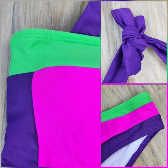 ⏭️NWOT Hot Pink, Neon Green, & Purple Colorblock Tankini Bathing Suit Medium - Picture 6 of 14